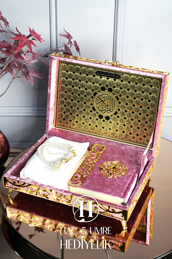 Kadife Kaplı Sandıklı Hediyelik Kuranı Kerim Seti | Lüks Ahşap Kutu, Kuran, Şal ve İnci Tesbih Seti
