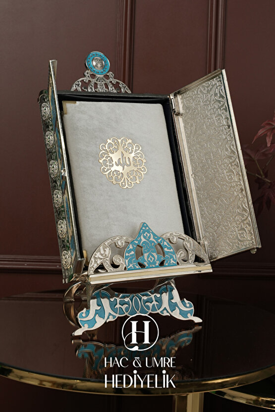 Gümüş Kaplama Kuran Kabı ve Kadife Kuranı Kerim Seti | Hediyelik Lüks Stantlı Kuran Kutusu ve Kuran