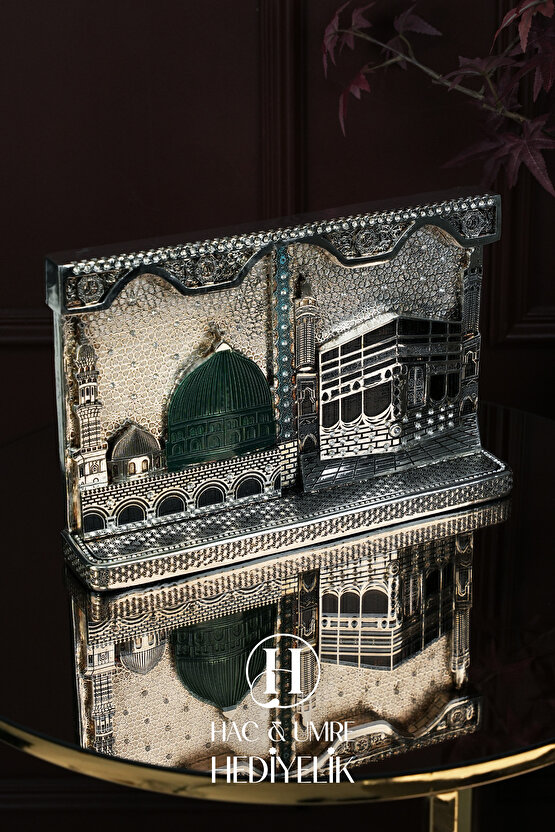 Hac Umre Hediyesi | İslami Dekor | Kabe ve Mescidi Nebevi Gümüş Dekor | İkili Mekke Medine Biblosu