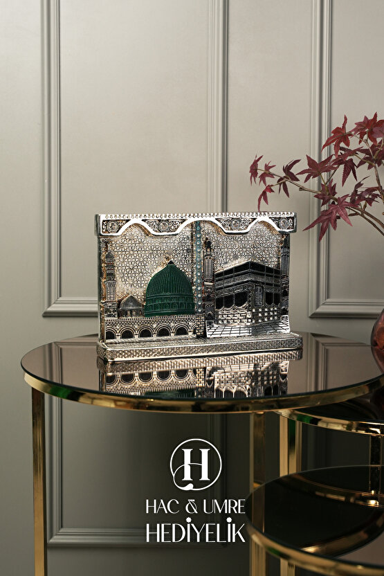 Hac Umre Hediyesi | İslami Dekor | Kabe ve Mescidi Nebevi Gümüş Dekor | İkili Mekke Medine Biblosu