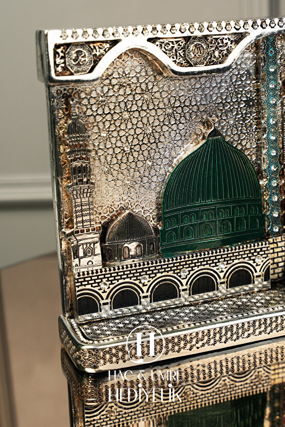 Hac Umre Hediyesi | İslami Dekor | Kabe ve Mescidi Nebevi Gümüş Dekor | İkili Mekke Medine Biblosu