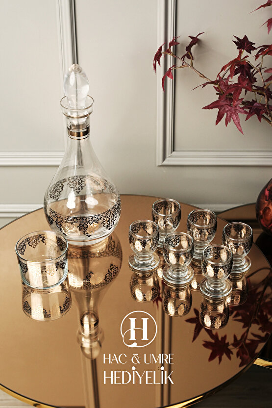 Cam Sunum Takımı 8 Parça | Gümüş Dekoratif Karaf Seti | Lüks İkram Takımı | Zemzem Sunum Seti