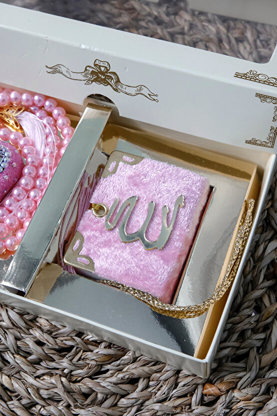 10 Adet - Taşlı Zikirmatik Tesbihmatik Kadife Kaplı Mini Kuran 99lu İnci Tesbih Seti