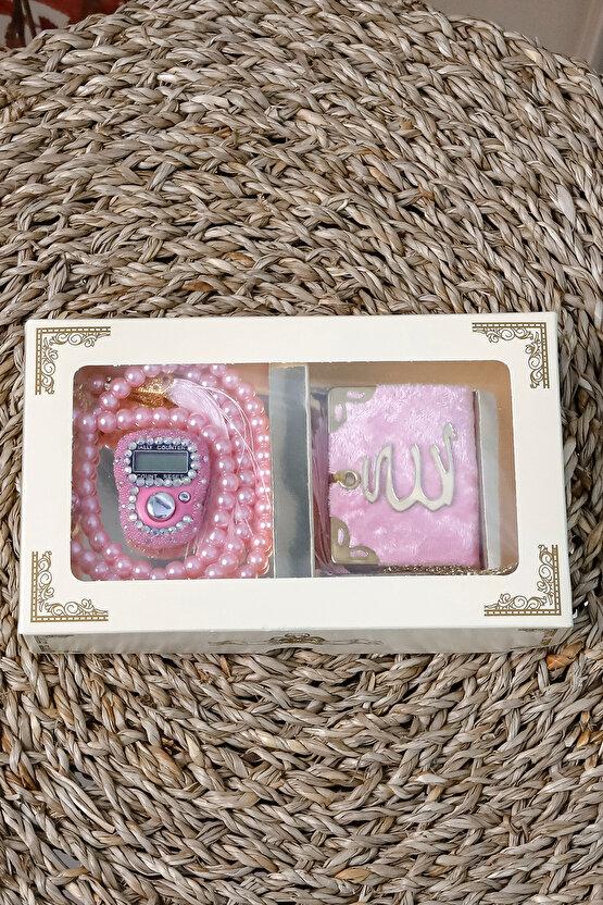 10 Adet - Taşlı Zikirmatik Tesbihmatik Kadife Kaplı Mini Kuran 99lu İnci Tesbih Seti