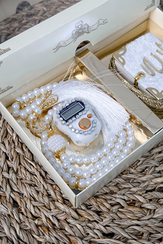 10 Adet - Taşlı Zikirmatik Tesbihmatik Kadife Kaplı Mini Kuran 99lu İnci Tesbih Seti