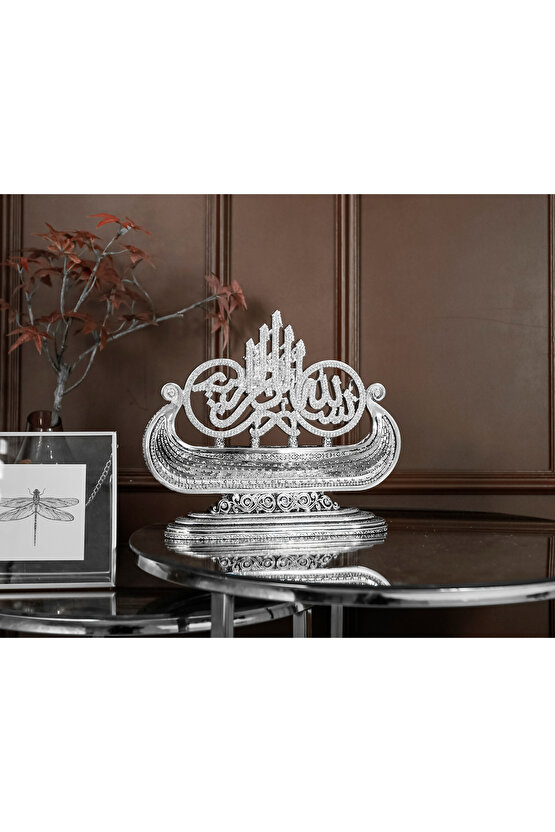 LÜKS OFİS HEDİYESİ FİGÜR DEKORATİF OBJE GEMİ BESMELE GÜMÜŞ