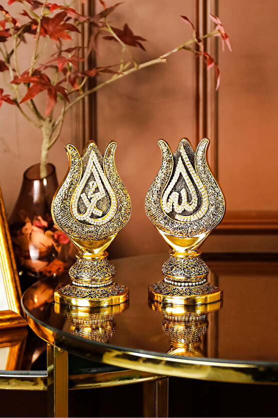 İslami Hediyelik En Güzel Manevi Hediyeler Gold Dekoratif Obje Lale Allah Muhammed Lüks Biblo
