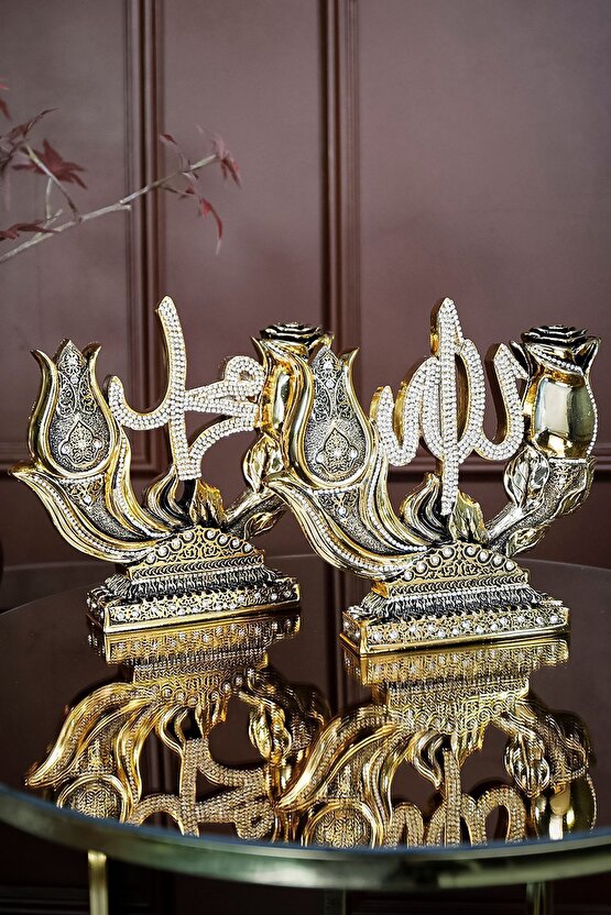 İkili Biblo Gül Lale Allah Muhammed Dini Islami Biblo Aksesuar Hediyelik Dekoratif Obje Süs