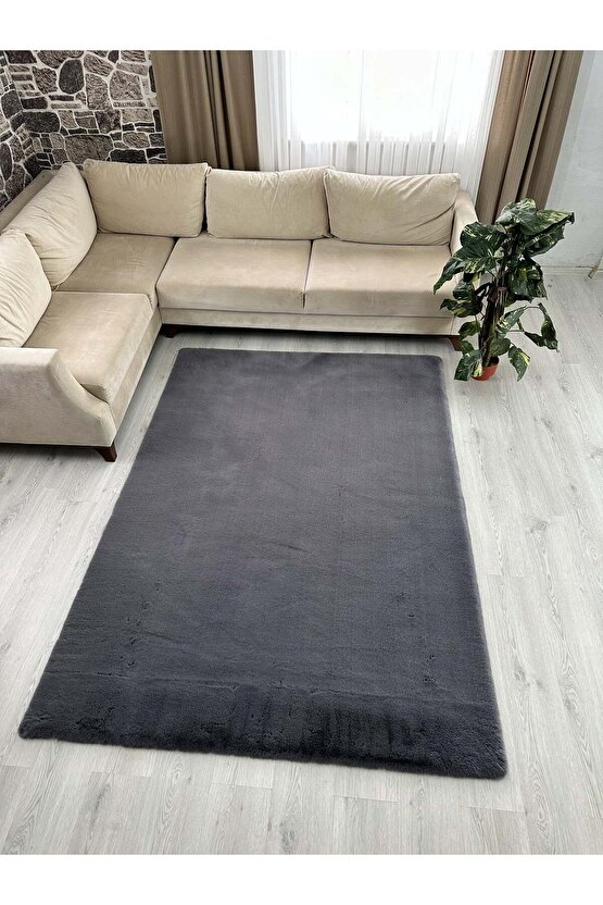 Modern Tavşan Tüyü Yumuşacık Tüy Dökmez Peluş Halı Antrasit
