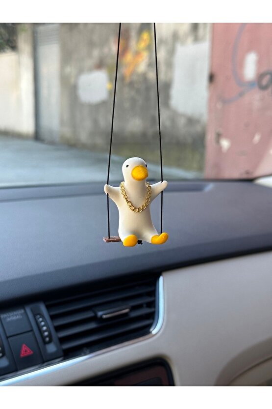 Altın Zincirli 1 Adet Sallanan Ördek Yeni Trend Dikiz Ayna Süsü (BEYAZ SARI)