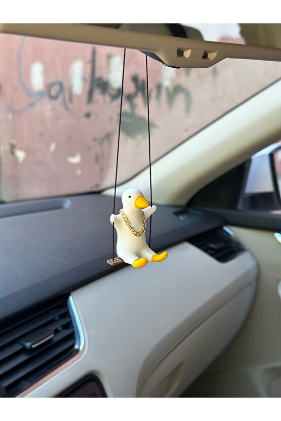 Altın Zincirli 1 Adet Sallanan Ördek Yeni Trend Dikiz Ayna Süsü (BEYAZ SARI)