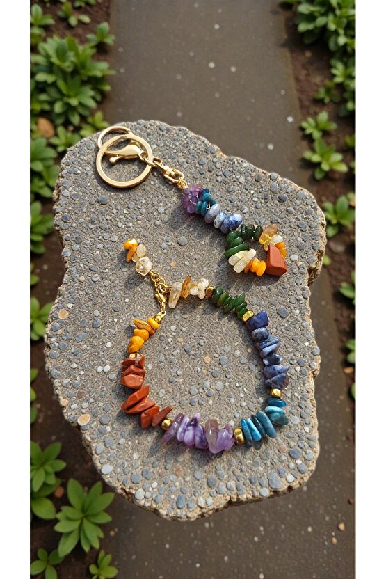 Doğal Taş Çakra 2li Anahtarlık ve Bileklik Çelik Aparat