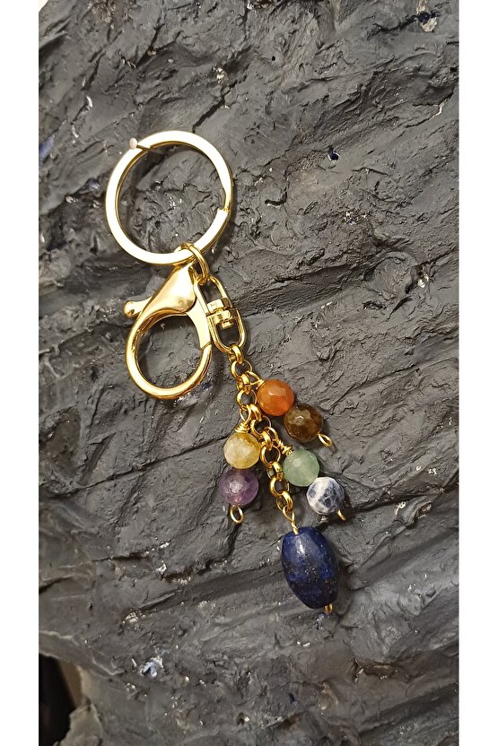 Doğal Tas Çakra Anahtarlık Faset Kesim, Bakir Tel,Çelik zincir 8mm Lapis 2 cmm