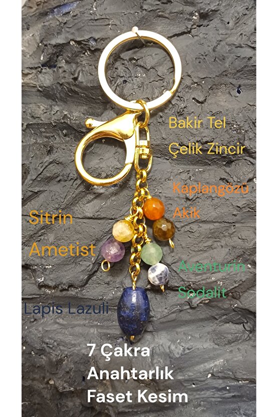 Doğal Tas Çakra Anahtarlık Faset Kesim, Bakir Tel,Çelik zincir 8mm Lapis 2 cmm