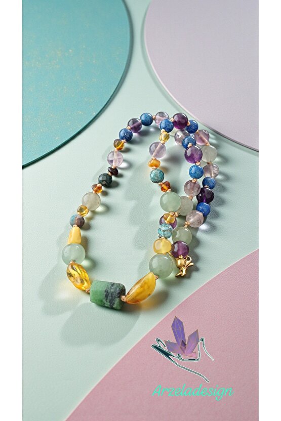 Doğal Taş Damla Kehribar Kolye Celik Aventurin Lapis Lazuli Apatit Florit Ametist Odak ve Başarı