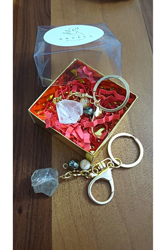 Doğal Taş Anahtarlık Kristal Kuvars Sitrin Pirit Para Bereket Koruma 8mm 2 cmm çelik zincir