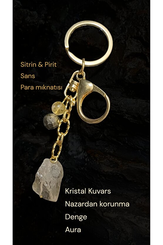 Doğal Taş Anahtarlık Kristal Kuvars Sitrin Pirit Para Bereket Koruma 8mm 2 cmm çelik zincir