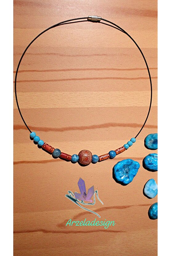 Dogal Taş Apatit Turkuaz Kristali Otantik Desenli Ahşap Boncuk Çelik Kolye