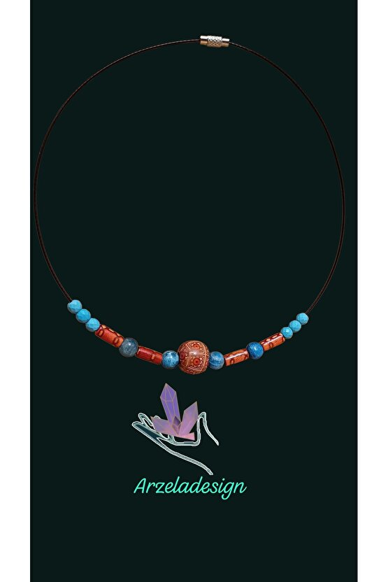 Dogal Taş Apatit Turkuaz Kristali Otantik Desenli Ahşap Boncuk Çelik Kolye