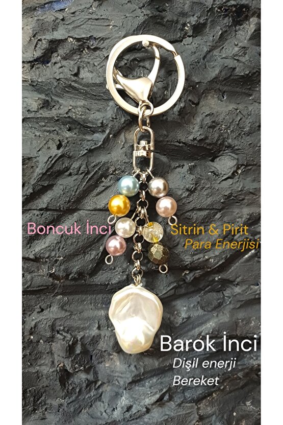 Doğal Taş Anahtarlik Barok İnci Sitrin ve Pirit Para Miknatisi Bolluk ve Bereket  Anahtarlğı