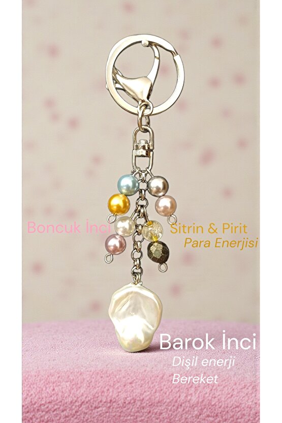 Doğal Taş Anahtarlik Barok İnci Sitrin ve Pirit Para Miknatisi Bolluk ve Bereket  Anahtarlğı