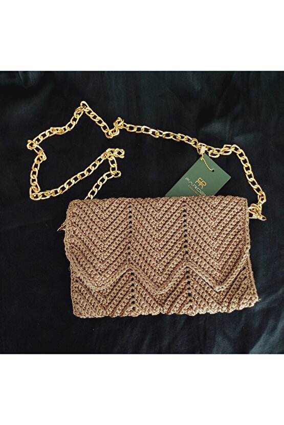 Örgü Canta Gold Zincir Yaldizli Makrome İp 25×12 cm