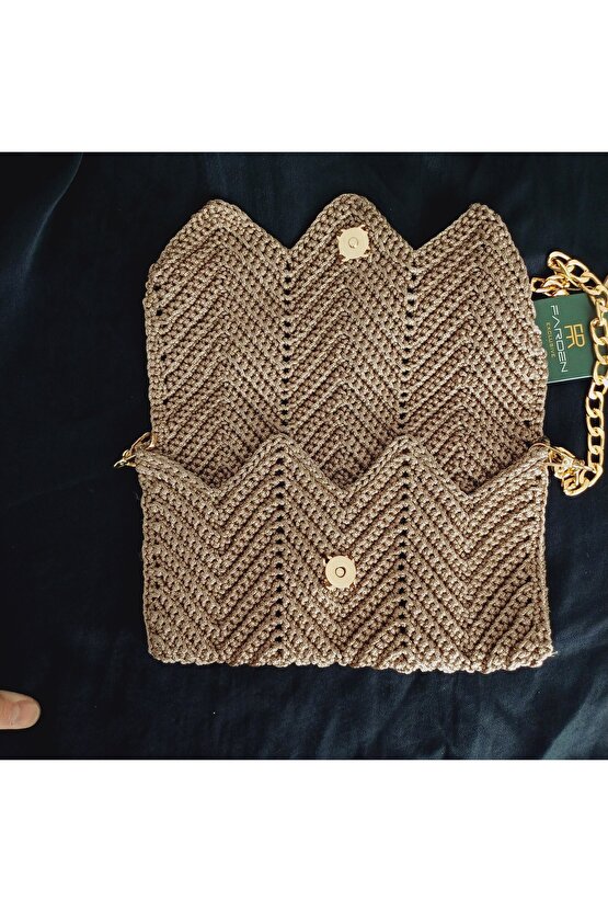 Örgü Canta Gold Zincir Yaldizli Makrome İp 25×12 cm