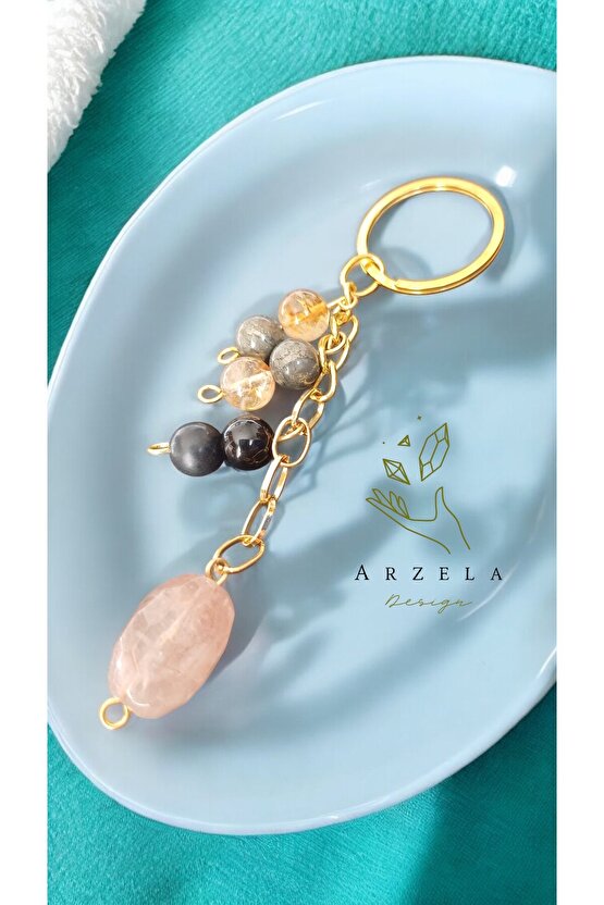 Doğal Taş BEREKET ANAHTARLIĞI ( HEMATOİT KUVARS 20-18mm, SİTRİN PIRIT OBSIDYEN SUNGIT 8mm)