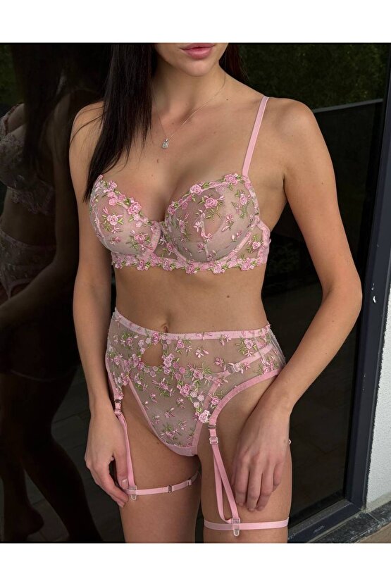 3lü Çiçek İşlemeli Dantel Tül Jartiyer Takımı