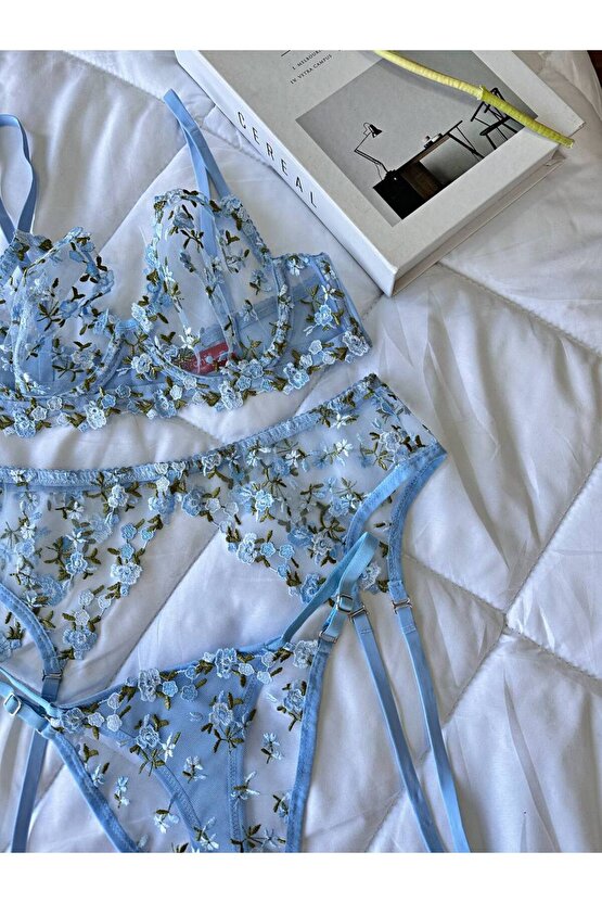 3lü Çiçek İşlemeli Dantel Tül Jartiyer Takımı