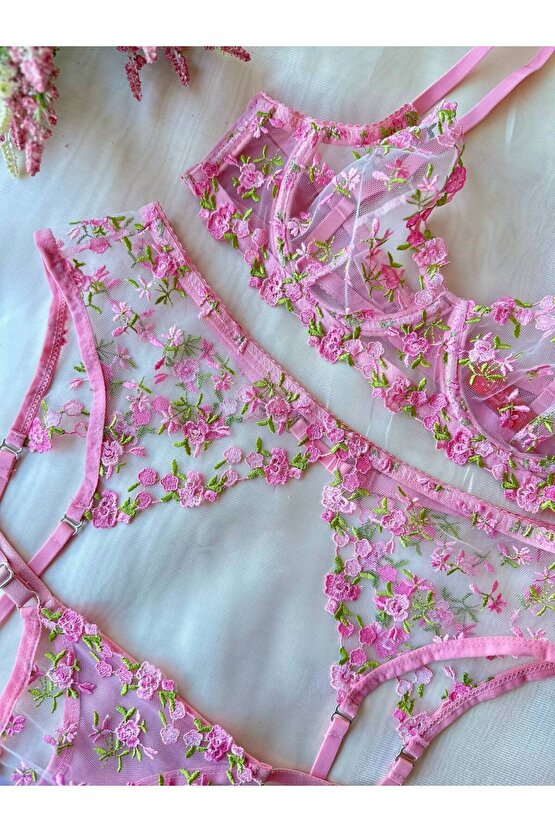 3lü Çiçek İşlemeli Dantel Tül Jartiyer Takımı