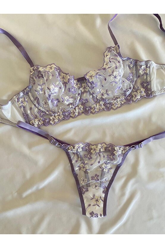Çiçek Desenli Dantel Tül Bralet Takım