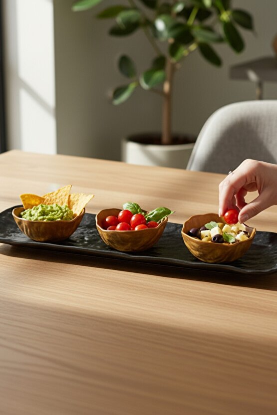 Wood Glam 41cm Porselen Kayık Sunum Tabağı  Porselen Sosluk Kase 9cm