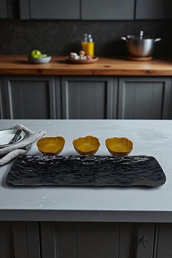 Wood Glam 41cm Porselen Kayık Sunum Tabağı  Porselen Sosluk Kase 9cm