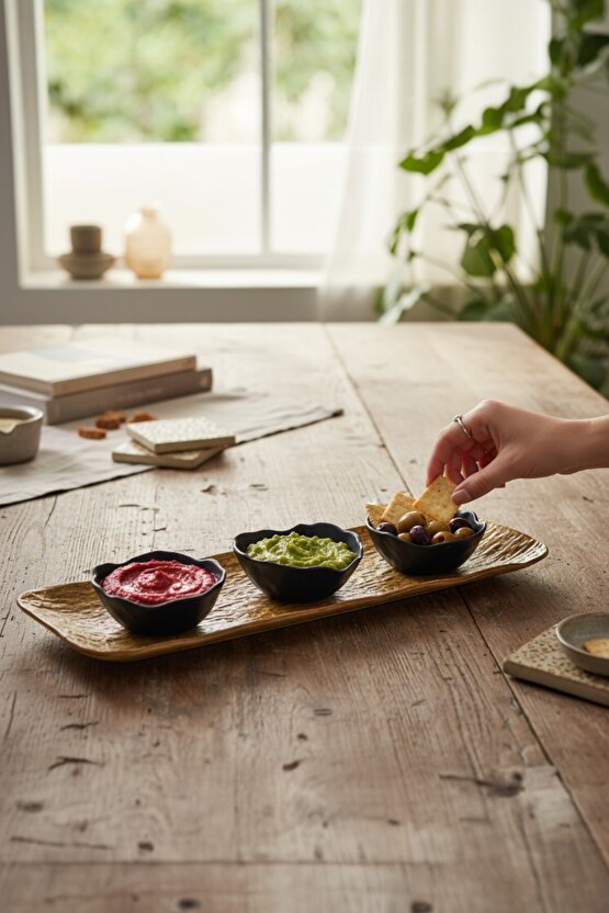 Wood Savana 41cm Porselen Kayık Sunum Tabağı  Porselen Sosluk Kase Siyah 9cm