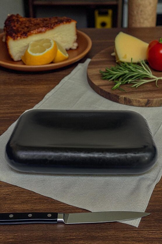 Plume Porselen 27cm Dikdörtgen Düz Servis Sunum Tabağı Mat Siyah