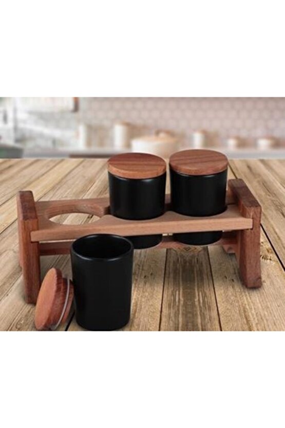 8 Cm 3 Parça Ahşap Standlı Baharatlık Siyah