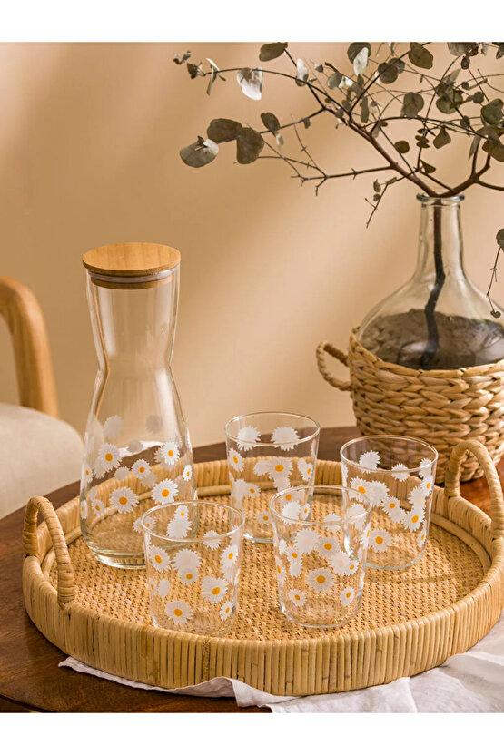 Beyaz Çiçek Baskılı Cam Sürahi Seti - 1000 Ml