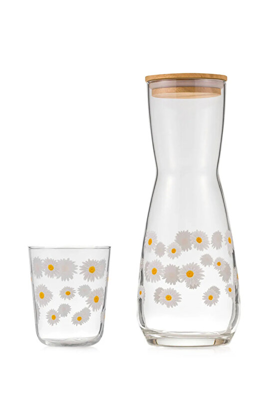 Beyaz Çiçek Baskılı Cam Sürahi Seti - 1000 Ml