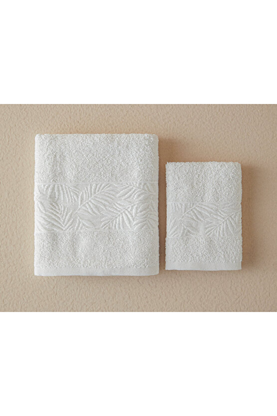 Branch Pamuklu Jakarlı Yüz Havlusu Seti 50x80+30x45 Cm Ekru