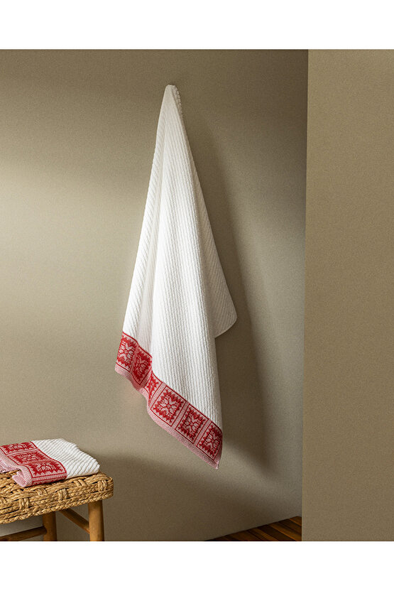 Zeste %100 Pamuk Banyo Havlusu - BeyazKırmızı