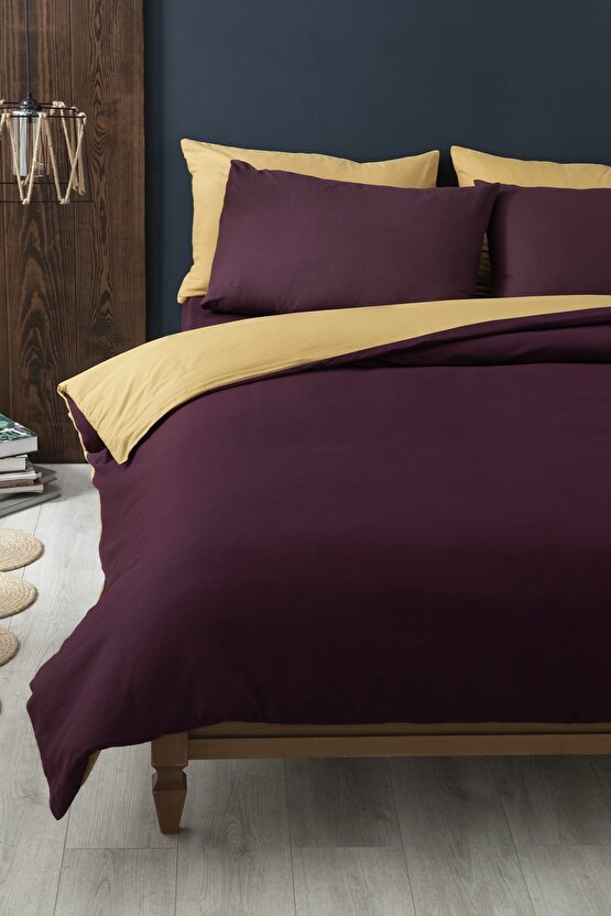 Plain Pamuk Tek Kişilik Nevresim Takımı 160x220 Cm Hardal-mürdüm