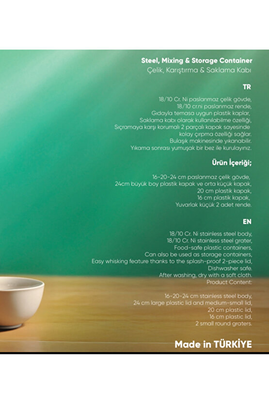 Rendeli Karıştırma Kabı 9 Parça 1810 Paslanmaz Çelik