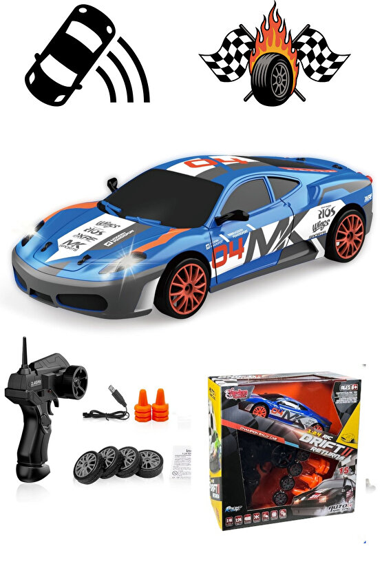 Oyuncak Uzaktan Kumandalı Aksesuarlı 2.4G Şarjlı 1:24 Drift Arabası 4x4 +4Yedek Tekerlek +15KmHız