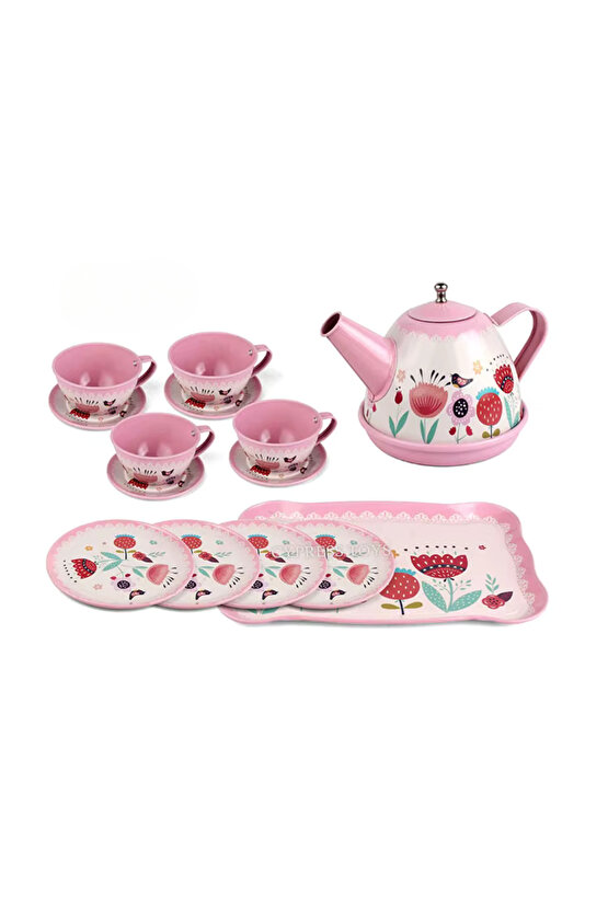 Oyuncak Evcilik Oyunu Aktivite 15 Parça Çiçekli Renkli Metal Çay Seti