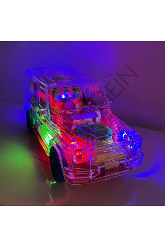 Oyuncak Şeffaf Görünümlü Kırılmaz Pilli Dişli Çarklı Sesli ve Işıklı Jeep Araba