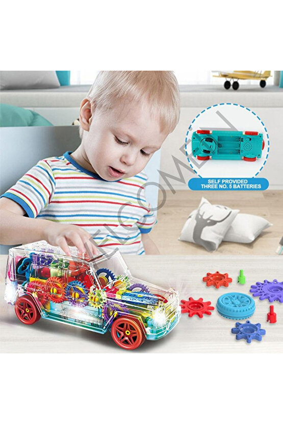 Oyuncak Şeffaf Görünümlü Kırılmaz Pilli Dişli Çarklı Sesli ve Işıklı Jeep Araba