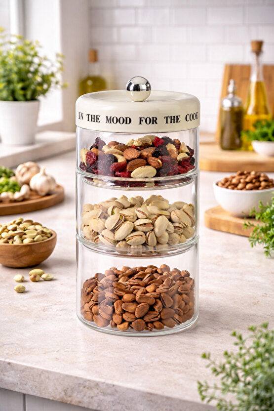 3’lü Cam Kavanoz Seti 12x12x28 cm – 750+750+600 ml Üst Üste Dizilebilen Cam Saklama Kavanozu