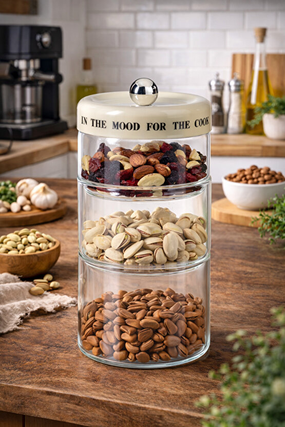 3’lü Cam Kavanoz Seti 12x12x28 cm – 750+750+600 ml Üst Üste Dizilebilen Cam Saklama Kavanozu