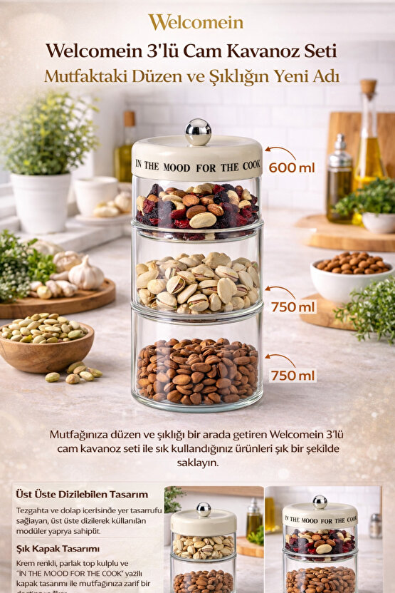 3’lü Cam Kavanoz Seti 12x12x28 cm – 750+750+600 ml Üst Üste Dizilebilen Cam Saklama Kavanozu